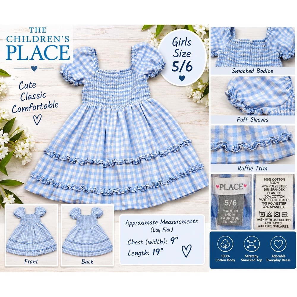 The Children's Place Girls Blue White Gingham Smocked Puff Sleeve Dress Size 5/6